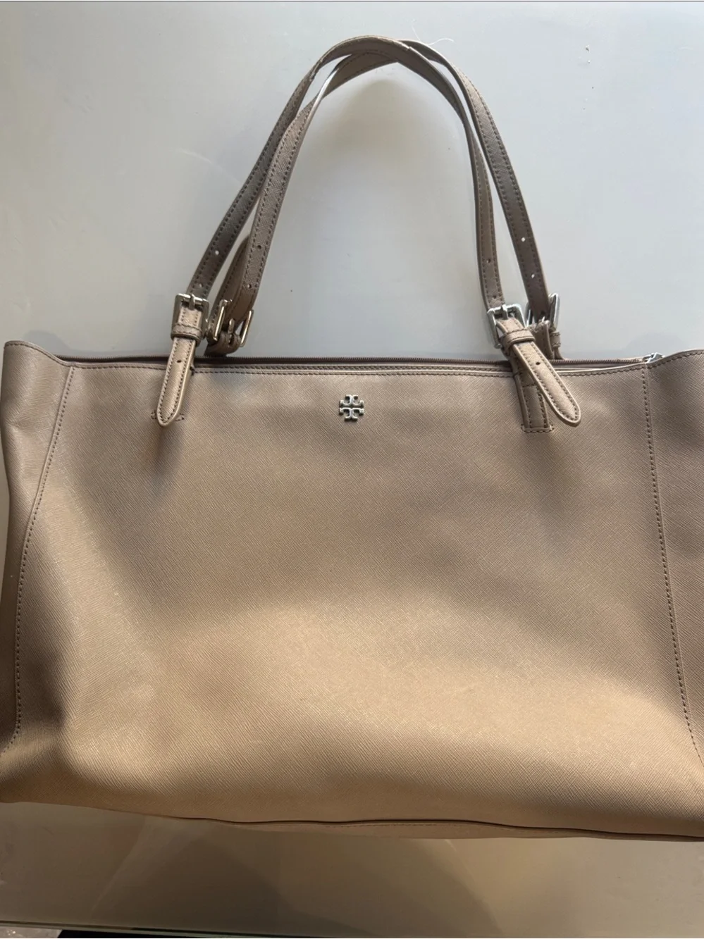 Tory Burch Beige Taupe Saffiano Leather Tote with Logo